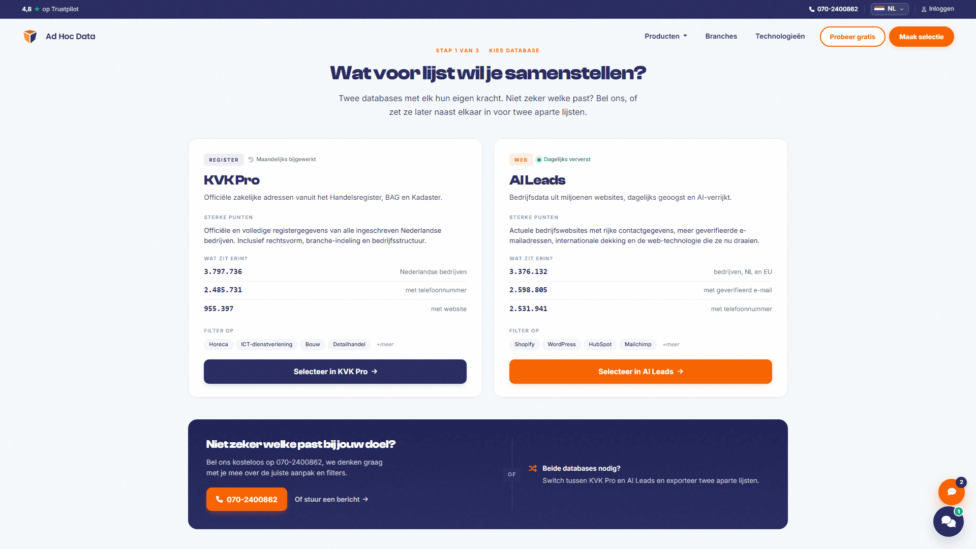 Database chooser: KVK Pro or AI Leads with live statistics